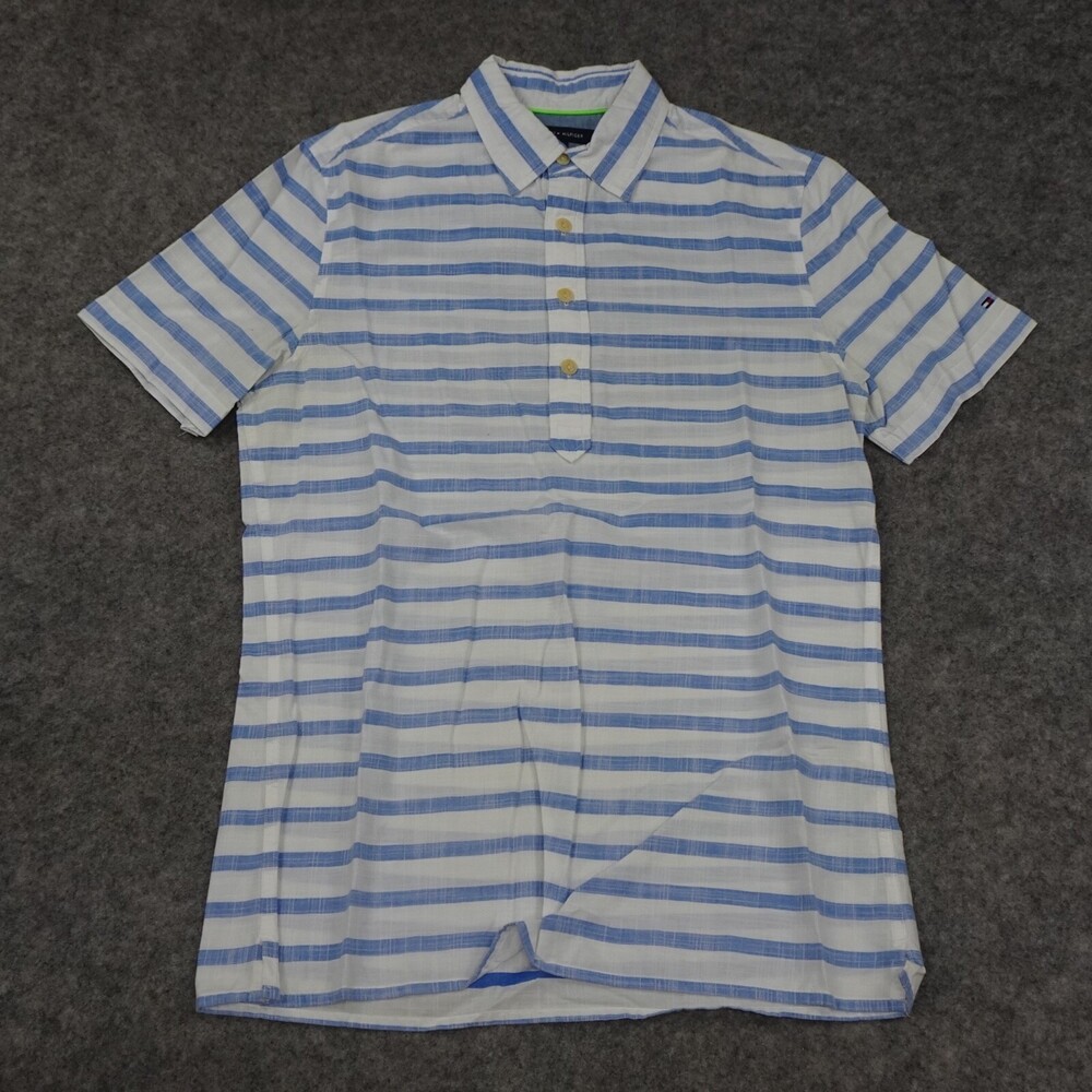 Tommy Hilfiger Polo Shirt Mens Small White Short Sleeve Regular Fit Striped